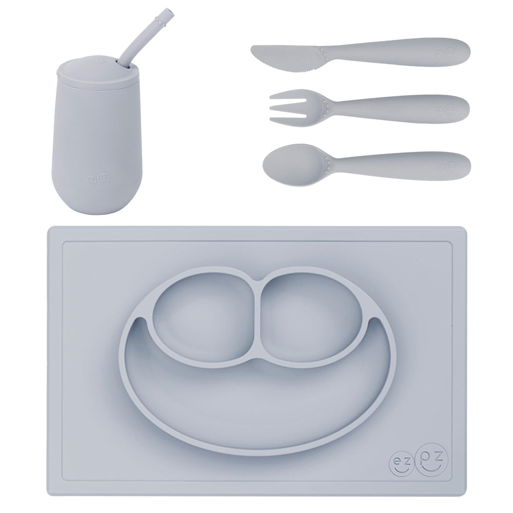ezpz Preschool Feeding Set with Mat, Cup & Utensils – Pewter