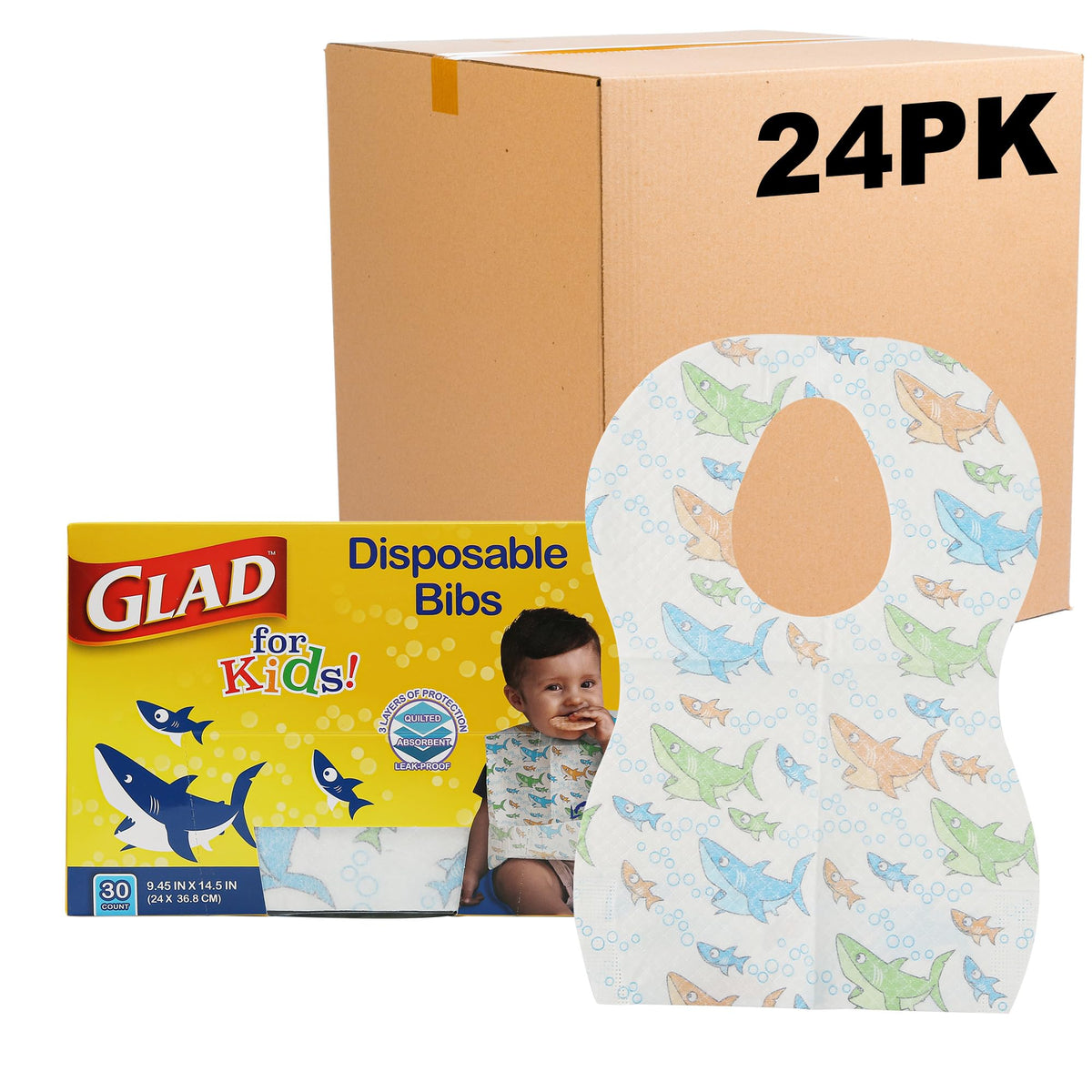 Glad for Kids Shark Paper Bibs with Crumb Catcher – 30 Ct, 24-Pk